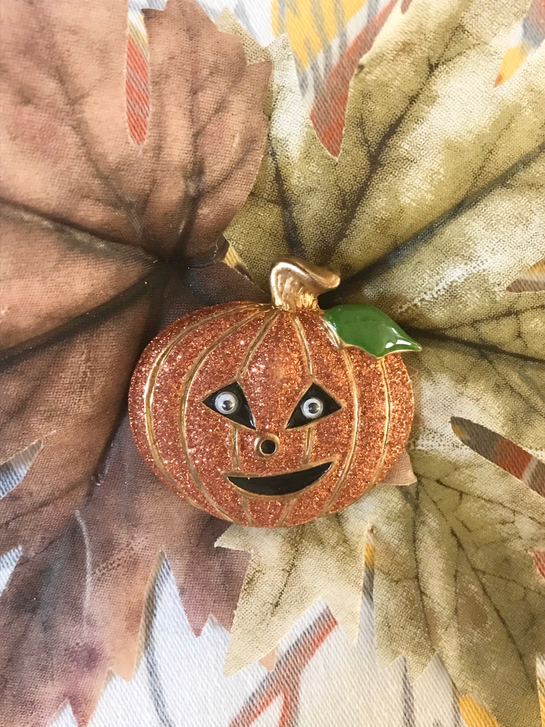 Halloween Jack O'Lantern Pumpkin Brooch, Sparkling Pumpkin Holiday Jewelry image 3