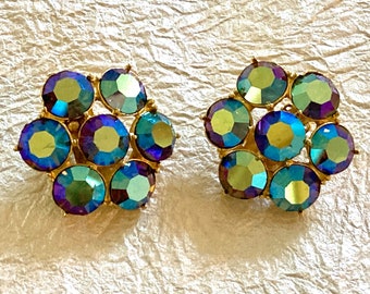 Blue Aurora Borealis Rhinestone Clip Earrings