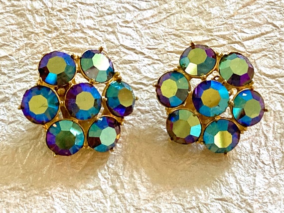 Blue Aurora Borealis Rhinestone Clip Earrings - image 1