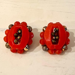 Vintage Mid-Century Orange and Gold Beaded Clip-on Earrings