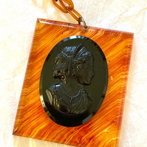 Vintage Celluloid Cameo Pendant Necklace, Victorian Revival 1930’s Art Deco Jewelry