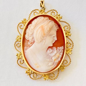 Vintage Carved Portrait Cameo 14k Gold Brooch Pin Pendant
