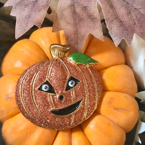 Halloween Jack O'Lantern Pumpkin Brooch, Sparkling Pumpkin Holiday Jewelry image 2