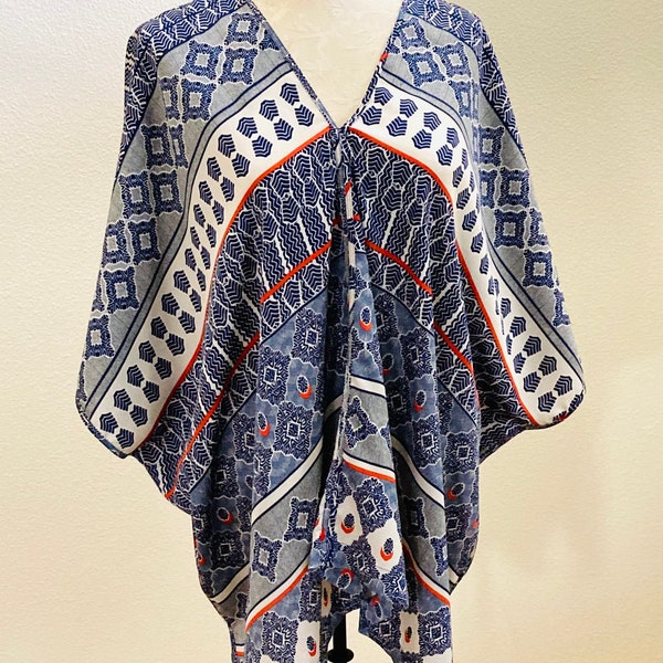 Natori Blue Orange Abstract Print Short Caftan Coverup Top, Size Large