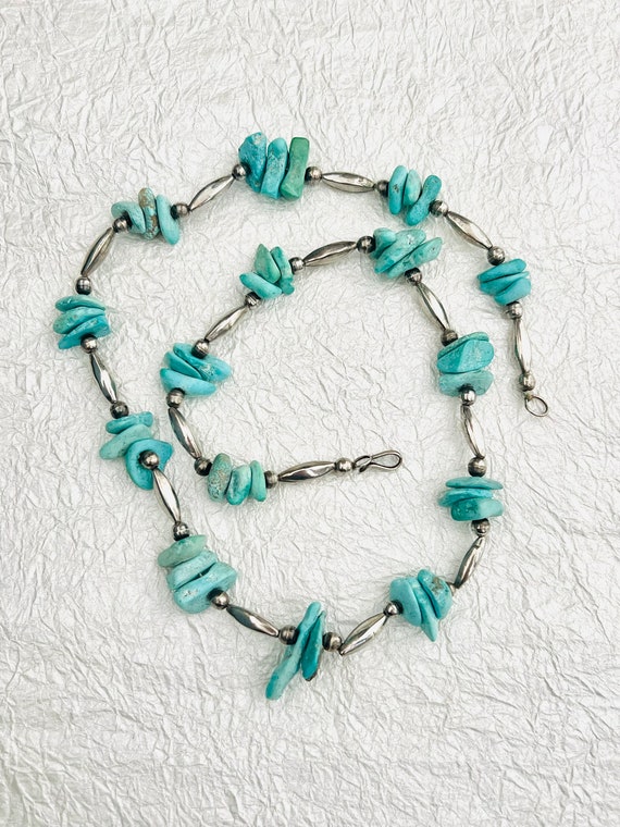 Vintage Turquoise Nugget and Silver Beaded Necklac