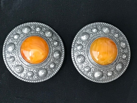 Ben Amun Silver Amber Cabochon Oversized Clip Ear… - image 1