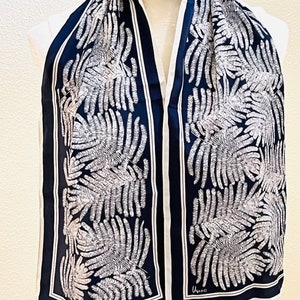 Vintage Vera Scarf, Rectangular Navy Blue White Botanical Fern Design