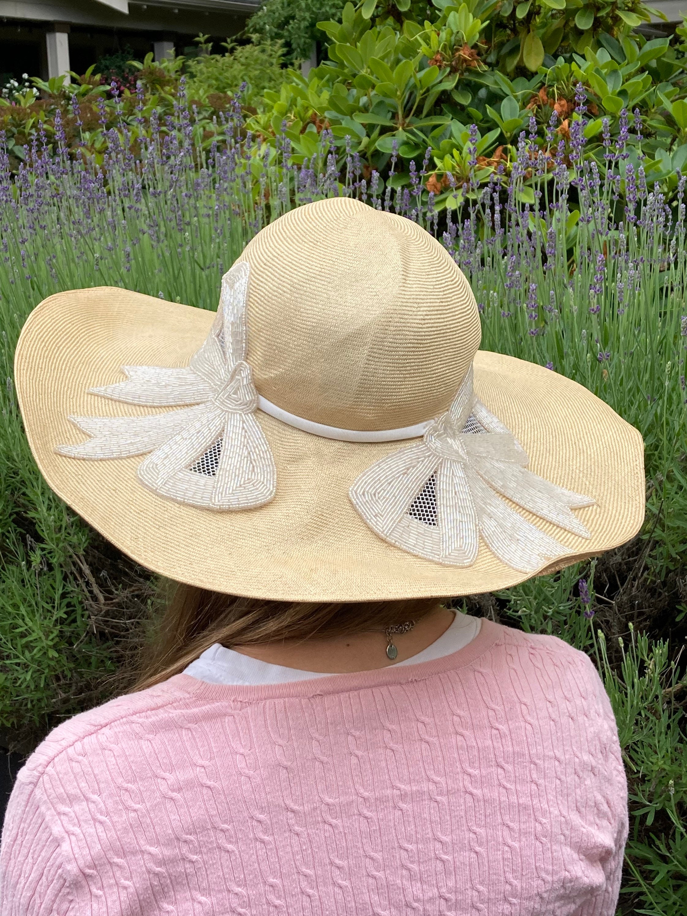 Vintage Frank Olive Straw Hat: Wide Brim Beaded Bow Formal  display picture 1
