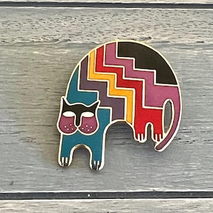 Vintage Laurel Burch Aztec Cat Colorful Brooch, Signed 1980’s Laurel Burch Cat Pin