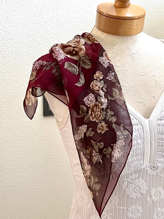 Vintage Halston Burgundy Floral Sheer Silk Scarf - image 4
