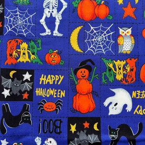 Halloween Theme Fabric, Blue Orange Pumpkins Skeletons Ghosts, Halloween Decor, 44” x 70” Cut to Size