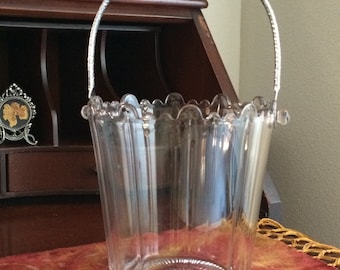 Vintage Glass Ice Bucket, Handled Clear Glass Ice Bucket, MCM Barware Cocktail Accessory