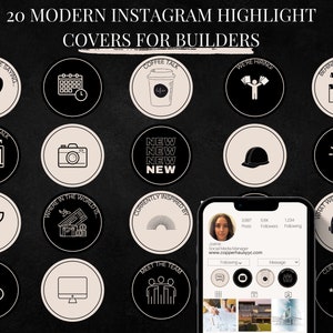 May include: Twenty black and white Instagram highlight covers for builders. The covers feature icons such as a calendar, coffee cup, camera, trophy, and a light bulb. The covers are designed in a modern style with a minimalist aesthetic.