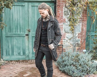 Mens Organic Cotton Duster Coat Steampunk Long Coat Burner Jacket Western rider coat - Black Stonewashed Umber Color