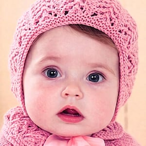 Baby Sweetness Knitting Pattern 0-7yr 8ply Lacy Little Bud Pink Cardigan/Bonnet