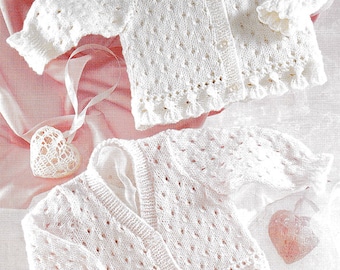 Baby Knitting Pattern Eyelet Cardigans 2 styles 0-5yrs Pearl Pink + Rice Pudding
