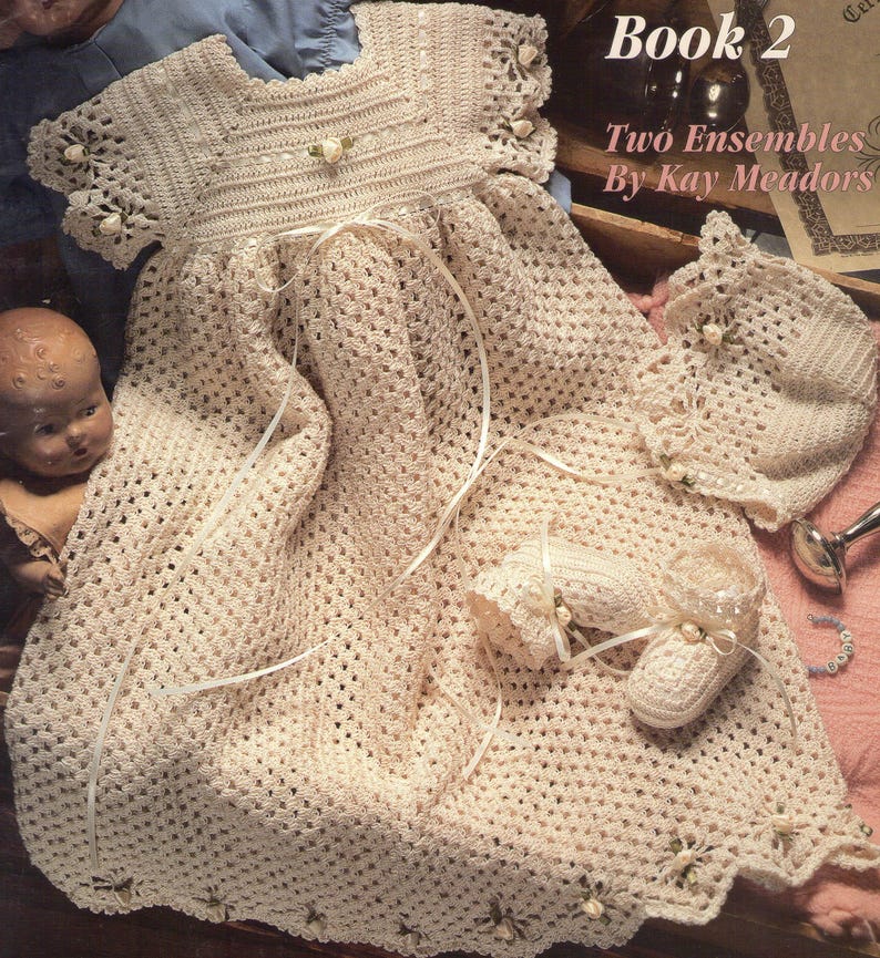 Baby Crochet Pattern Pearl Christening Collection 2 Sets Spider Edge + Shell Gown image 4
