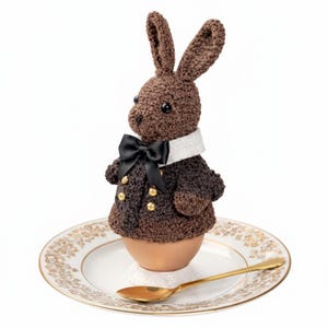 May include: A brown crochet bunny wearing a black bow tie and a white collar, presented on a gold-coloured egg cup. The bunny sits on a white plate with a gold floral design, with a gold spoon.
