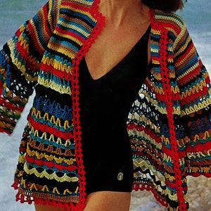 Vintage Crochet Sirdar #5394 Hippie Beach Jacket Vibrant 32-38” 8ply Crepe
