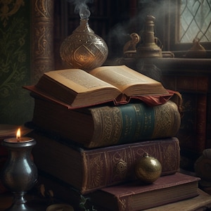 May include: A stack of antique books with ornate covers, a silver candle holder with a lit candle, and a silver decorative bottle with smoke coming from the top. The books are on a wooden table with a dark background.
