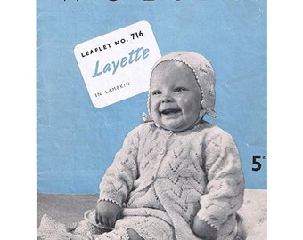 Vintage Baby Knitting Pattern Lacy Layette 8-Pieces Wolsey #716 in 3ply Wool