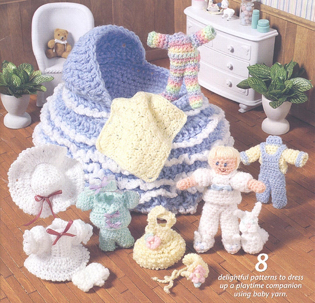 Doll Pattern Bassinet Bag Crochet Set 8 Pieces 4ply Wool 4 1/2 Inch ...