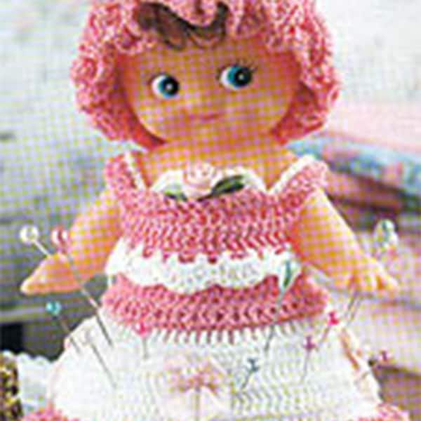 Kewpie Rose Crochet Pincushion Dressing Table Dress Hat Pink White Perle