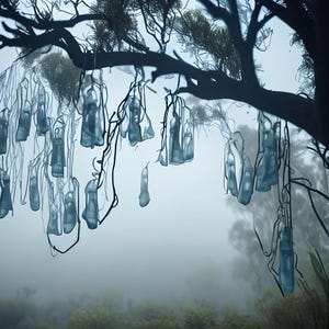 Może przedstawiać: Surrealistyczny obraz gałęzi drzewa z licznymi przezroczystymi, niebieskawymi, wydłużonymi, szklanymi przedmiotami wiszącymi na niej. Tło to mglisty, stonowany krajobraz, tworzący senną atmosferę. Przedmioty wydają się być dekoracyjne.