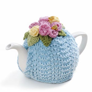 Knitting Pattern Tea Cosy Dainty Blue Lace and Pink Roses 8 Ply Yarn PDF