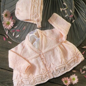 Baby Knitting Pattern Set Buttoned Bonnet Matinee Jacket 8ply Flights of Eyelets