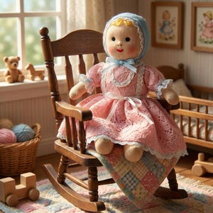 Pode incluir: Uma boneca vintage com um vestido de renda rosa e um capuz azul está sentada numa cadeira de baloiço de madeira. A boneca tem um rosto pintado e está a descansar sobre uma colcha de retalhos. Uma cesta de fios e brinquedos de madeira estão por perto.