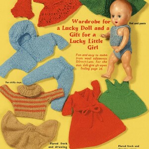 Patrón de tejido vintage para muñeca Lucky Set de 8 pulgadas en lana de 4 capas y alegres colores.