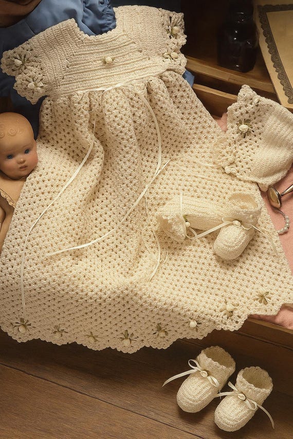 Baby Crochet Pattern Pearl Christening Collection 2 Sets Spider Edge + Shell Gown