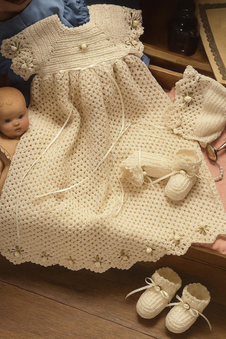 Baby Crochet Pattern Pearl Christening Collection 2 Sets Spider Edge + Shell Gown image 1