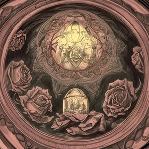 Könnte beinhalten: Ein kreisförmiges Deckengemälde mit einem zentralen geometrischen Design in Gelb-, Rot- und Schwarztönen. Das Design ist von einem Ring aus stilisierten Rosen in Rosa- und Brauntönen umgeben.