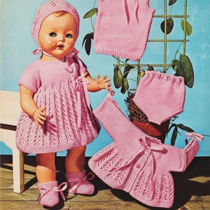 Modello di maglia per bambola vintage Emu #8014 in pizzo rosa, set da 6 pezzi, bambola da 16" a 20"