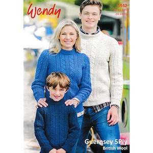Aran Style Strickanleitung Wendy Guernsey 5fädig #5942 Kinder/Erwachsener Pullover