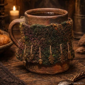 May include: A rustic brown ceramic mug filled with a dark liquid, wrapped in a green, brown, and purple knitted cozy. The cozy is adorned with hanging charms, including acorns, leaves, and spiral designs. The mug sits on a wooden surface.