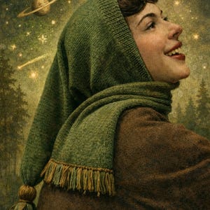 May include: A vintage illustration of a person looking up at a starry night sky. The person is wearing a green knitted hood and scarf with a fringe, and a brown coat. The background features a crescent moon, planets, and shooting stars.