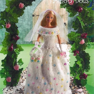 Barbie Type Fashion Doll Bridal Knitting Pattern in Silky 8ply with Floral Sequins