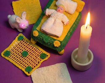 Vintage 5" Doll Bed Set Knitting/Crochet Pattern Cover Bedspread Pillow Nightie