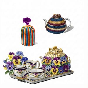 Recuerda tejer fundas para teteras 3 diseños: campanas extravagantes/frutales/