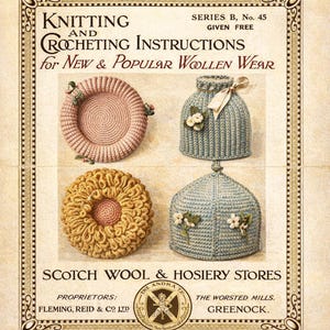 May include: Vintage advertisement for knitting and crocheting instructions. The image features four examples of knitted or crocheted items, including hats and a circular item, in shades of pink, blue, and yellow. The text reads "Knitting and Crocheting Instructions for New & Popular Woolen Wear."