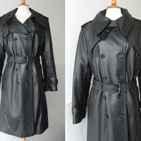 Black 70s Vintage Leather Trench Coat // Belted