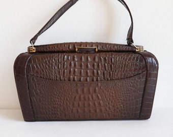 Brown Faux Reptile Top Handle Bag With Golden Metal Closure // Faux Kroko // Vegan