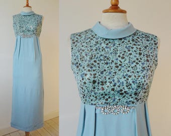 60s Light Blue Shimmering Vintage Maxi Dress With Flower Print And Rhinestones