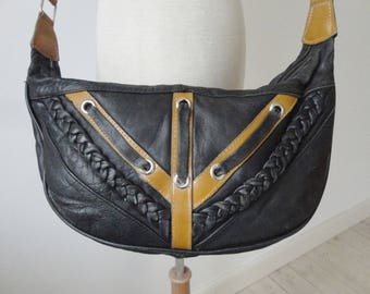 80s Vintage Banana Bag // Black Shoulder/Crossbody Bag With Beige And Braided Decoration