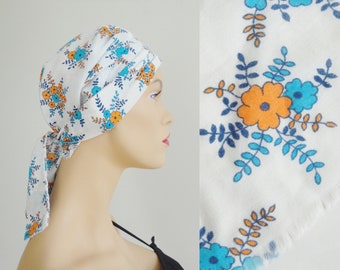 70s Headscarf // Ready To Wear // One Size // White With Orange & Blue Flowers