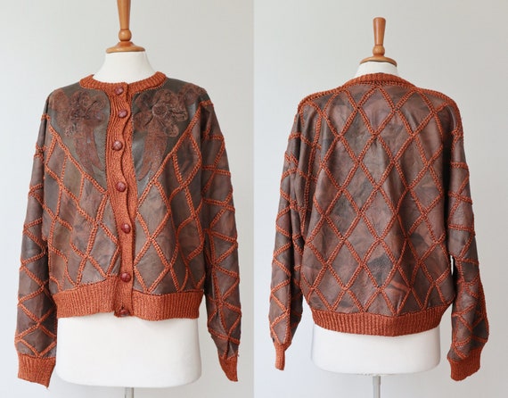 Brown 80s Leather/Knit Patch Work Cardigan //Batw… - image 3