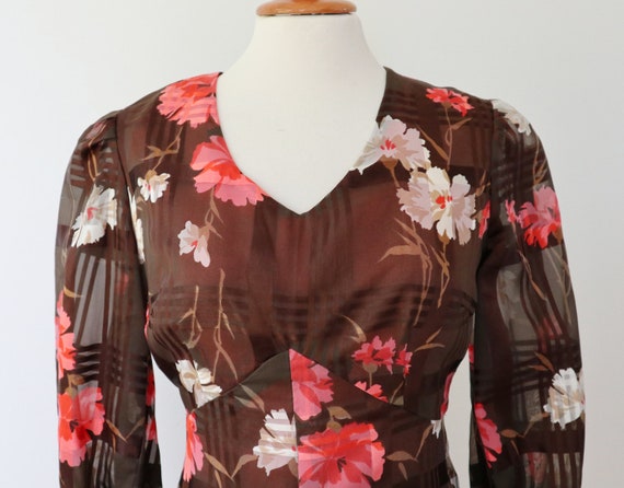 Lovely 60s Chiffon Vtg. Dress // Brown With White… - image 5